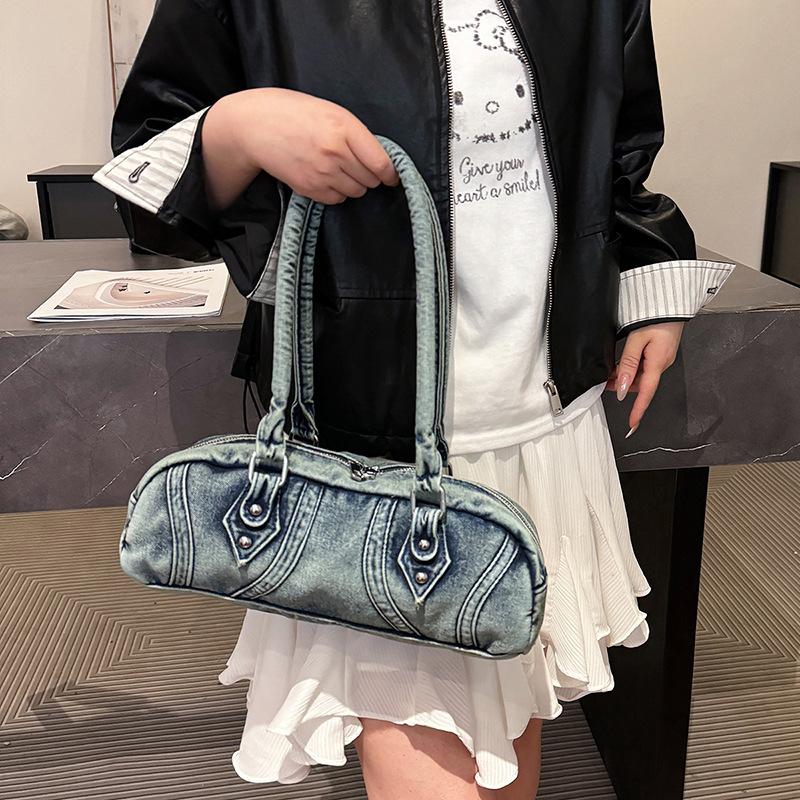 Niche design bowling bag women's large capacity shoulder bag retro trend women's denim handbag