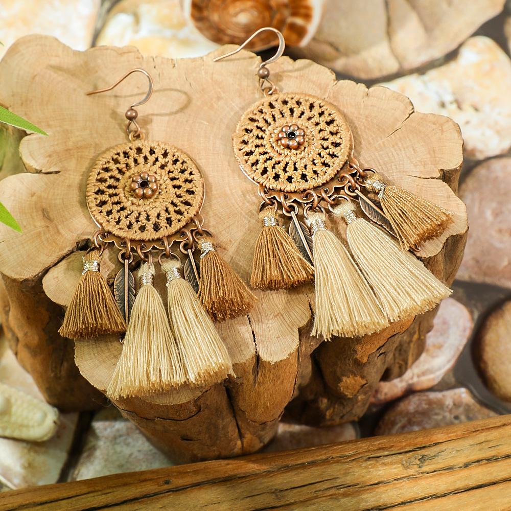 3 st Boho Vintage Bruna Tofsar Örhängen Halsband Handgjorda Centerpärla Inläggningspärla Hänge Halsband Hantverk Gåvor för Kvinnor