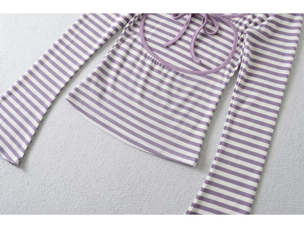 American Spicy Girl Striped Backless U-neck Long-sleeve Slim-fit T-shirt for Women's Autumn/Winter