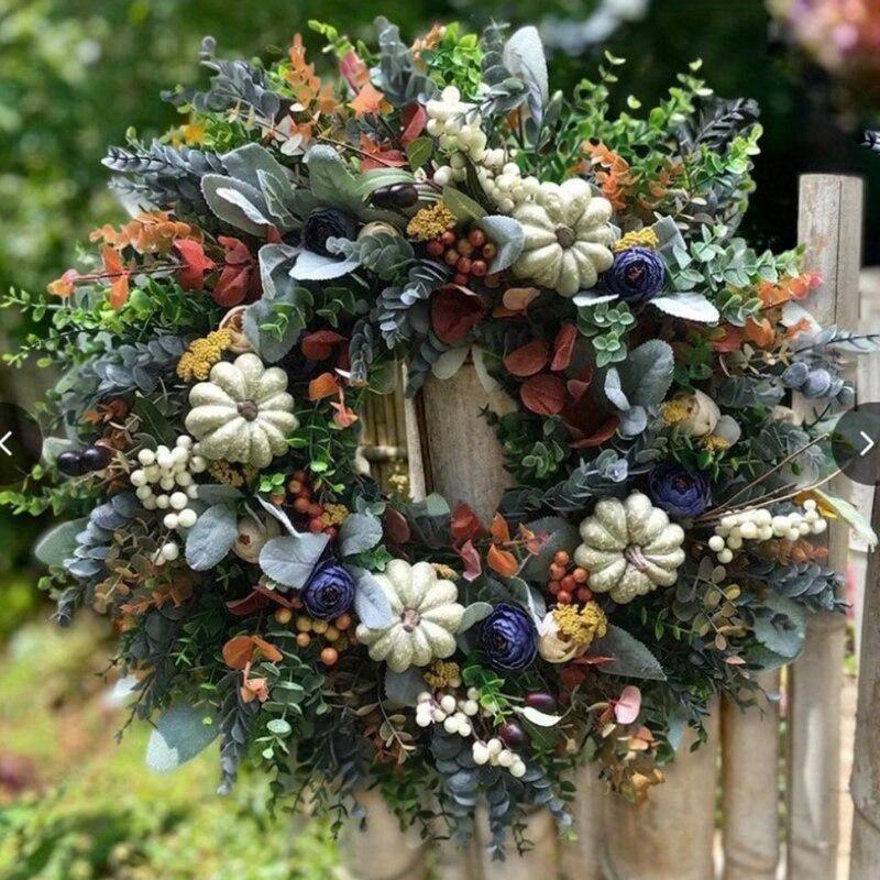 Hydrangea White Pumpkins Ranunculus Wreath for Front Door Hanging Ornament Thanksgiving Fall Home Decor Garland 3styles Option