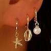 Yousheng 3 Pairs Women Coastal Hoop Earrings Starfish Seashell Faux Pearl Charm Dangle Hoop Earrings Summer Beach Earrings for Holiday Daily