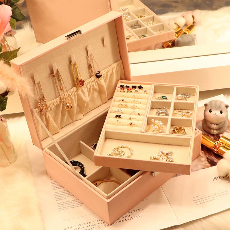 New PU Leather Jewelry Box Storage Double Layer Ring Display Case Portable Jewelry Organizer for Necklaces