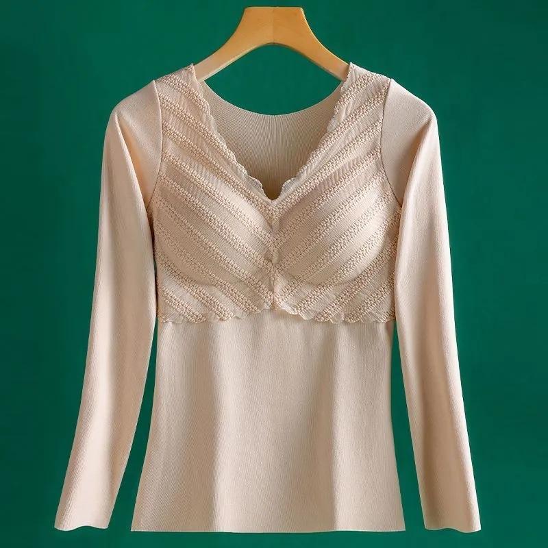 

Термотоп из немецкого бархата, женское нижнее белье, бесшовная двухсторонняя блузка с потертостями, бюстгальтер без износа, длинные рукава и плотный бархат. 4XL [Recommended 150-90kg]