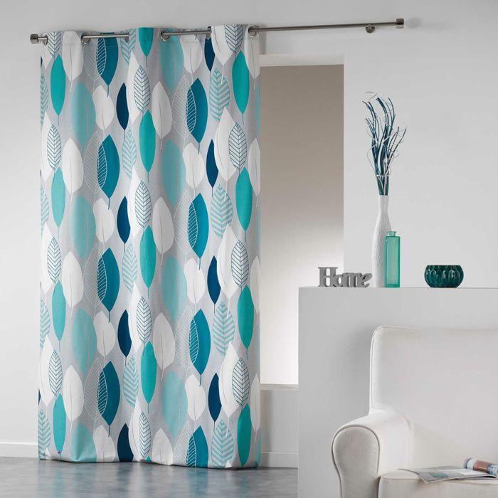 Rideau À Œillets – 140 X 240 Cm – Coton Imprimé Leafy Bleu