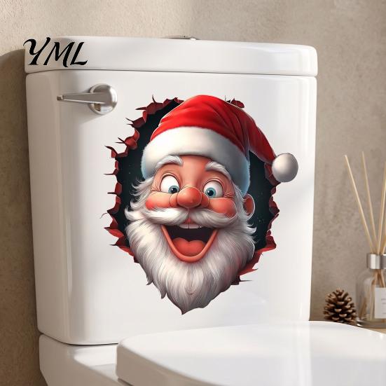 Durable Festive Home Accessories Funny Santa Toilet Sticker, Christmas Lid Decal, Self-Adhesive, 3D Merry Decor Hole Waterproof PVC Wall Sticker
