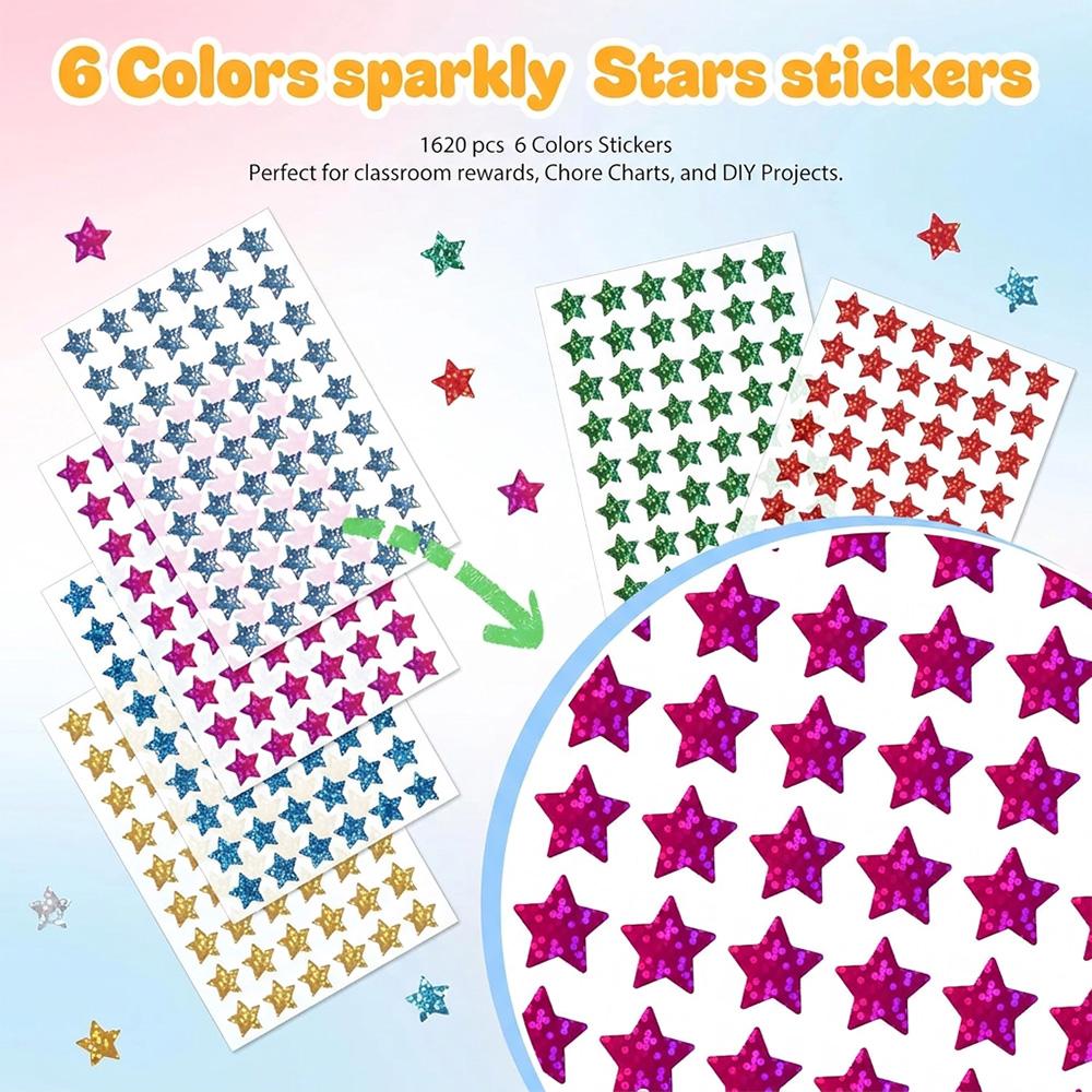 1620Pcs Holographic Star Stickers 6 Colors 1.5Cm Kids Reward Stickers For Classroom Behavior Chart Teacher Supplies