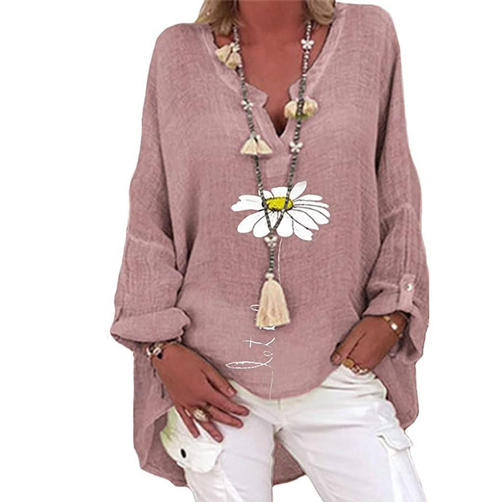 Plus Size Damen Casual Langarm Blumendruck Lose V-Ausschnitt Hemdbluse Top
