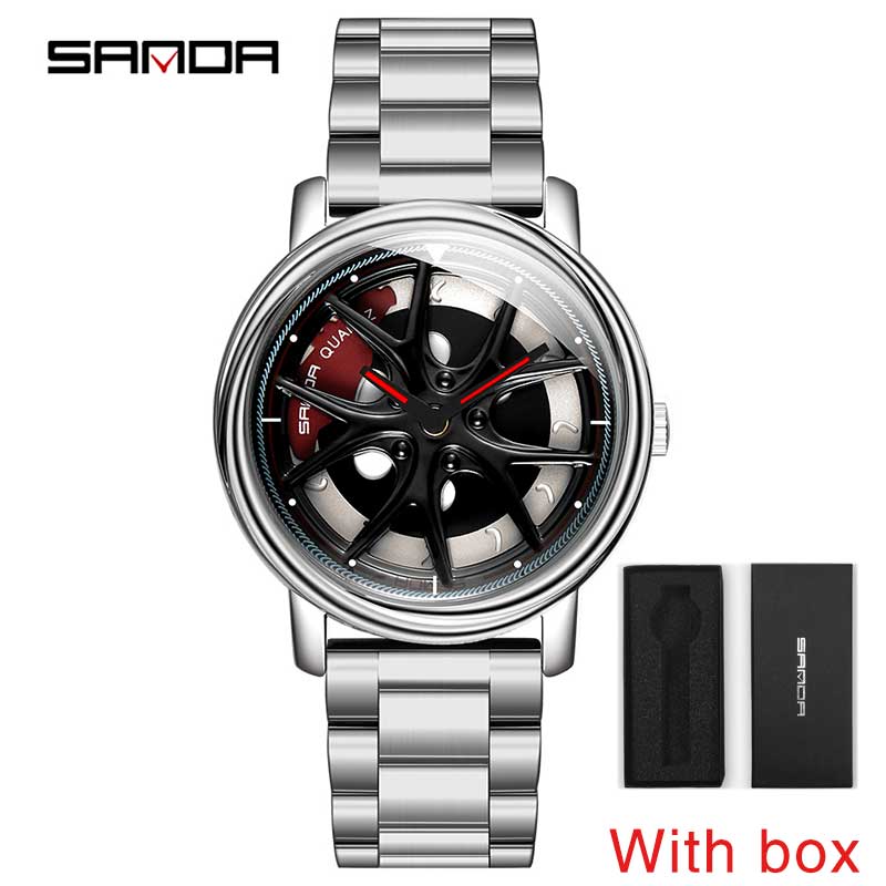 SANDA Top Men Quartz Watches Sports Car Watch Waterproof Sport 360℃ Rotating Rim Hub Wheel Wristwatch Car Quartz Men's Watches