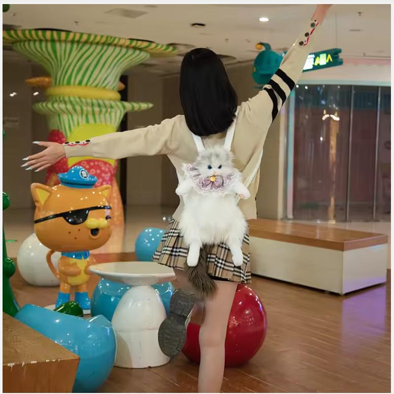 Cute Simulated Cat Designer Backpack Women Kawaii Soft Plush Trendy Backpack Purse for Woman School Bag Gift for Girls