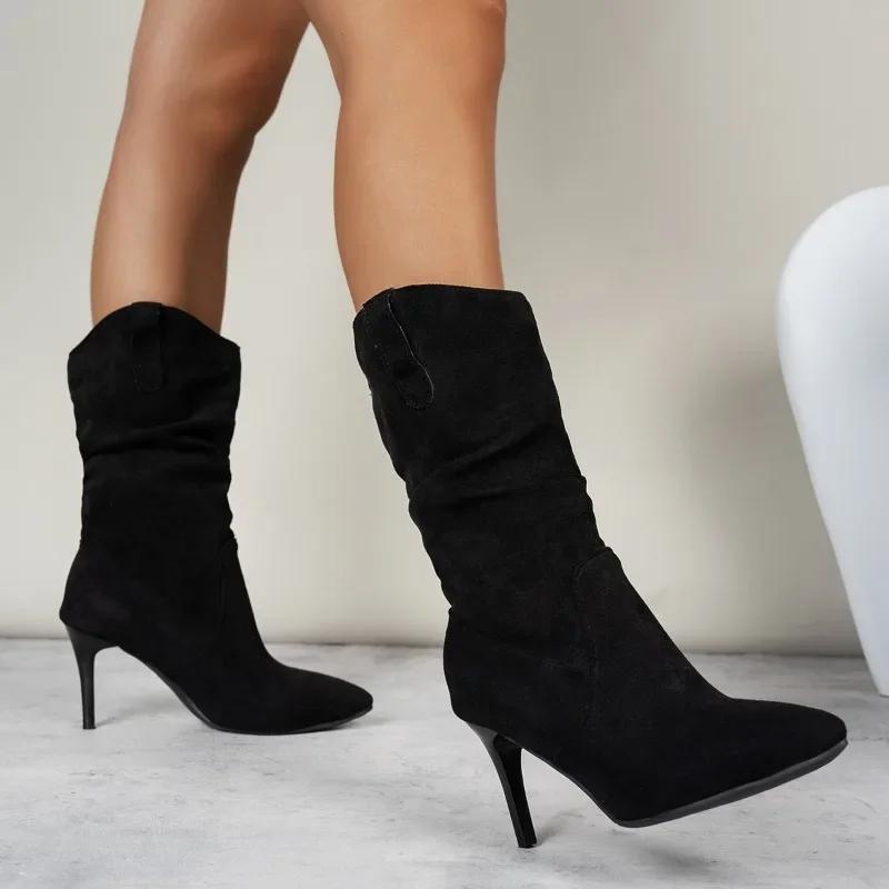 Fashion 2024 Plus Size Ladies Shoes Mid-Calf Women's Boots New Modern Boots Women Pleated Pointed Toe High Thin Heel Slip on Shoes Women