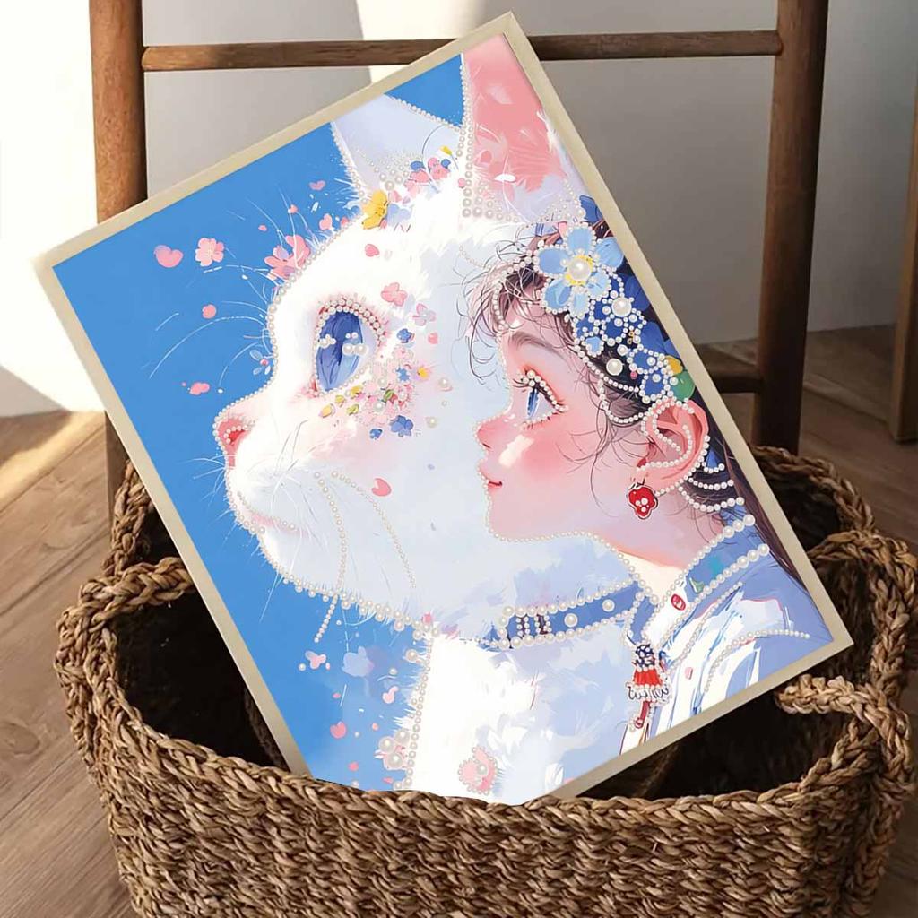 Crystal Pearl Painting 5D DIY Frame Decoration Painting White Cat Home Wall Decoration Transparent Pearl Gemstone Painting Picture Art Crafts