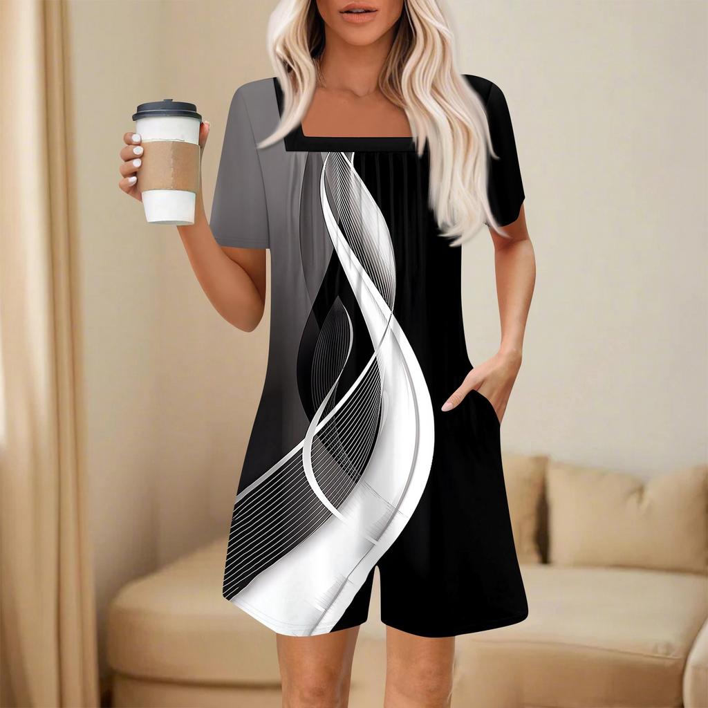 Salopetă de damă la modă și casual cu mânecă scurtă, cu buzunar plisat, salopetă scurtă imprimată