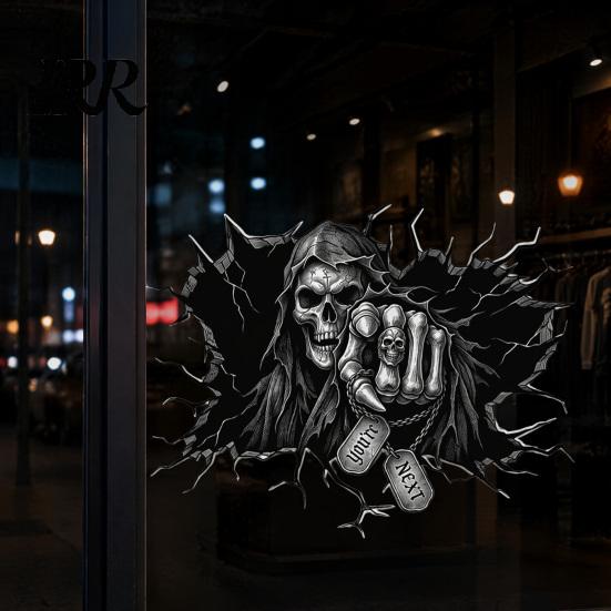 Large Size Skull Decal Grim Reaper Wall Sticker, 3D Breaking Through Art Decal, Spooky Room Decorations Scary Mural for Home Bar Pub Halloween