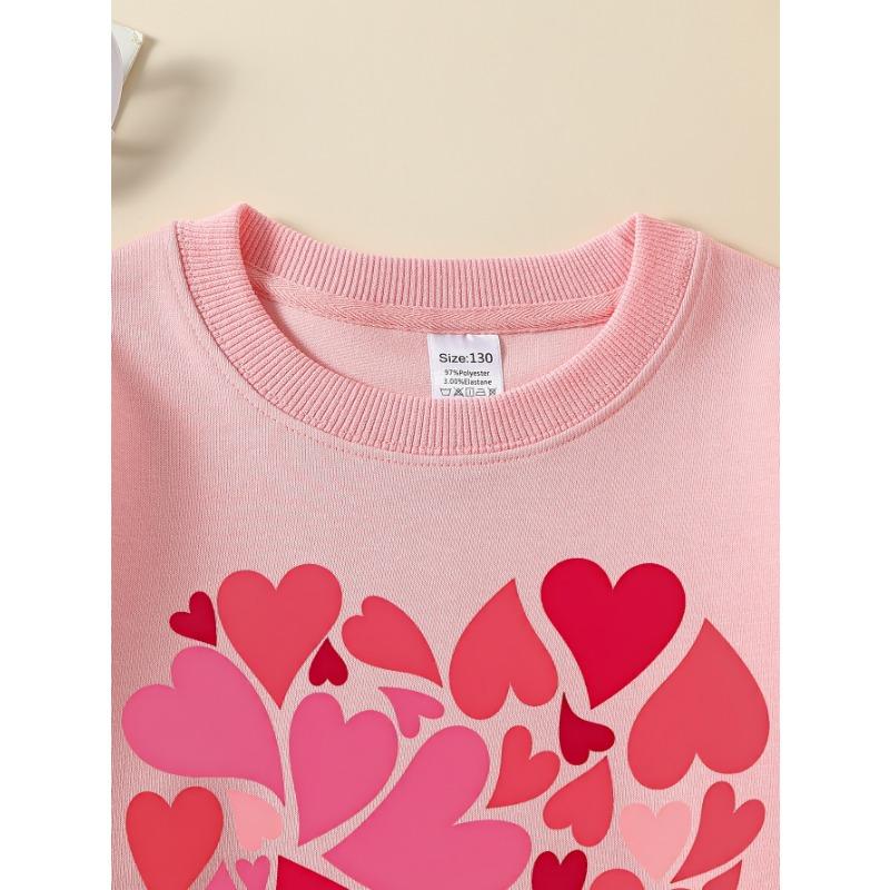 European Sizes Girls' Crew Neck Sweatshirt with Heart Pattern Love Design In Red Pink, Soft Cozy Pullover, Warm Casual for Autumn & Winter.