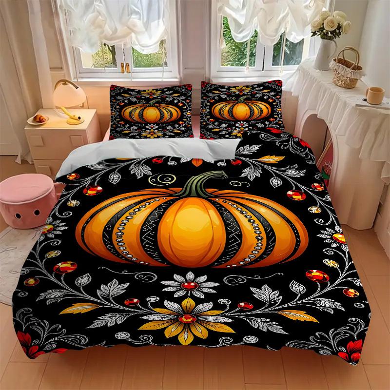 3pc Pumpkin Floral Cover Set - 1 Quilt Cover + 2 Pillowcases, All Seasons Bedroom Setting, Perfect for Home033