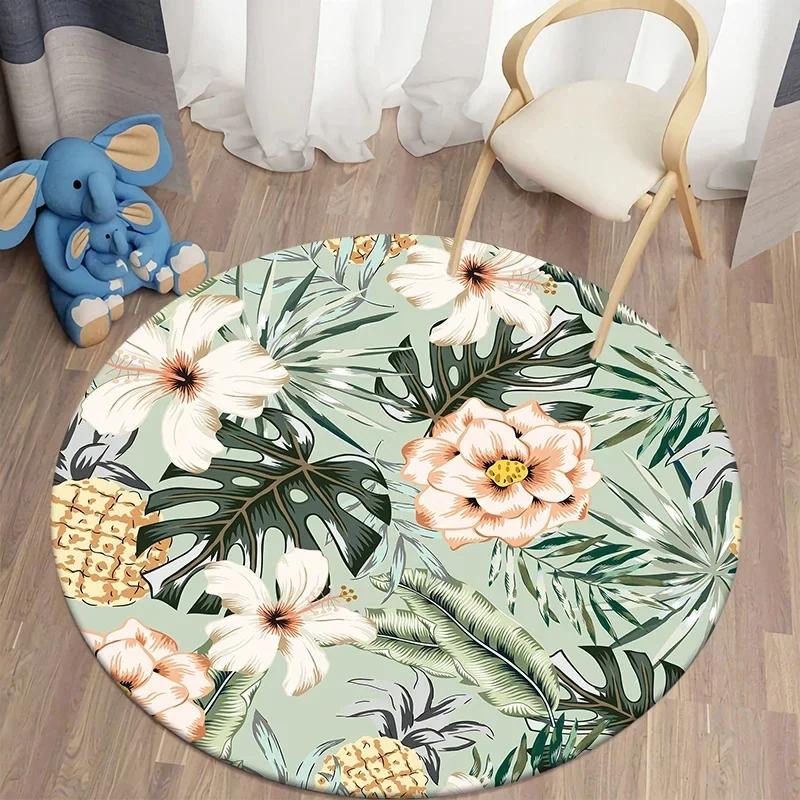 Hawaiian Tropical Leaves Round Carpet Living Room Chair Floor Mat Non-Slip Area Rug for Balcony Table Bedside Sofa Home Decor