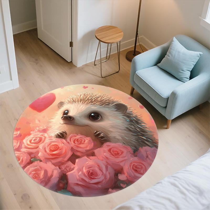 Rose and Hedgehog Pattern Round rug,Carpet Rug for Living Room Bedroom Playroom ,Non-slip Floor Mat,Holiday Gifts and Birthday Gifts.