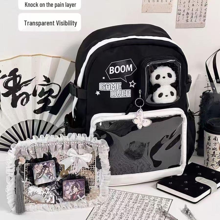 Großes Kapazitäts-Anime-Ita-Rucksack für Mittelschüler - Transparentes Knopfdesign