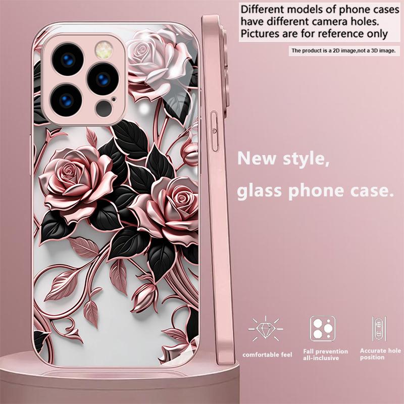 Black Metallic Floral Pink Metallic Glass Phone Case For iPhone 11 12 13 14 15 16 17 Pro Max Plus 17Air 16E 7 8 Xr XsMax X Cover