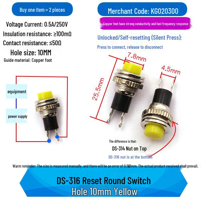 DS-316 10MM Red/Green Screw-in Non-locking Self-resetting Power Switch Button (2-Pack)