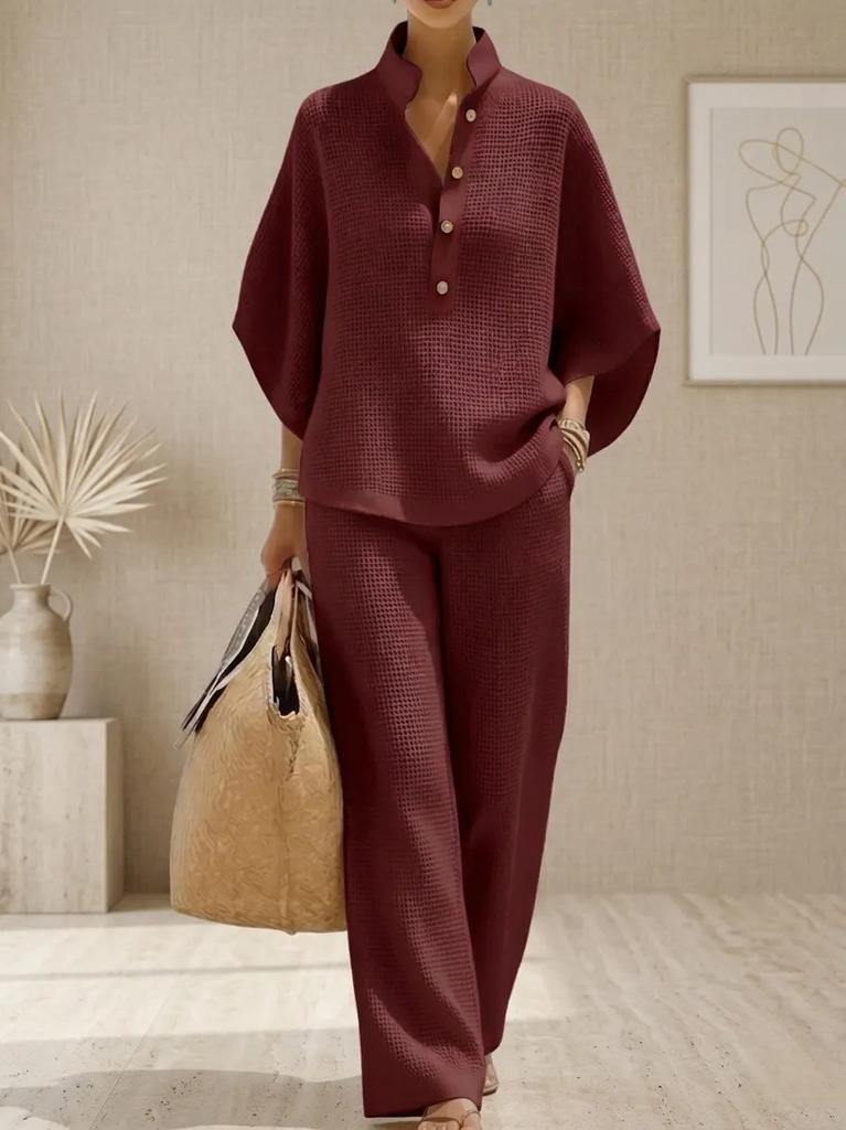 2026 European and American Cross-border Women's Clothing Casual Loose Breathable Solid Color Button-up Shirt Top Wide-leg Pants Set Summer