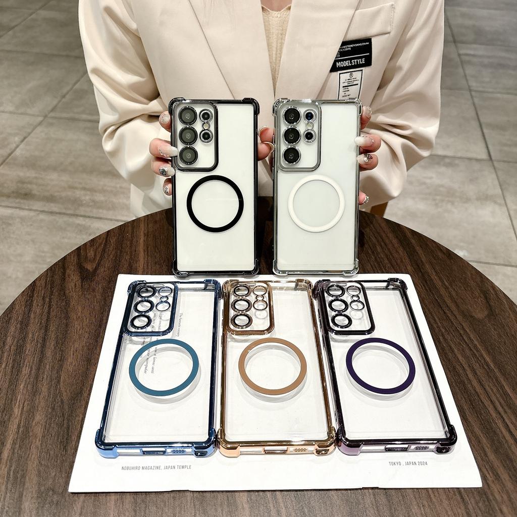 Suitable for Samsung S25 Ultra Mobile Phone Case Four Corner Airbag Anti Fall Magnetic Charging S24 Transparent Electroplated Hard Shell 23F