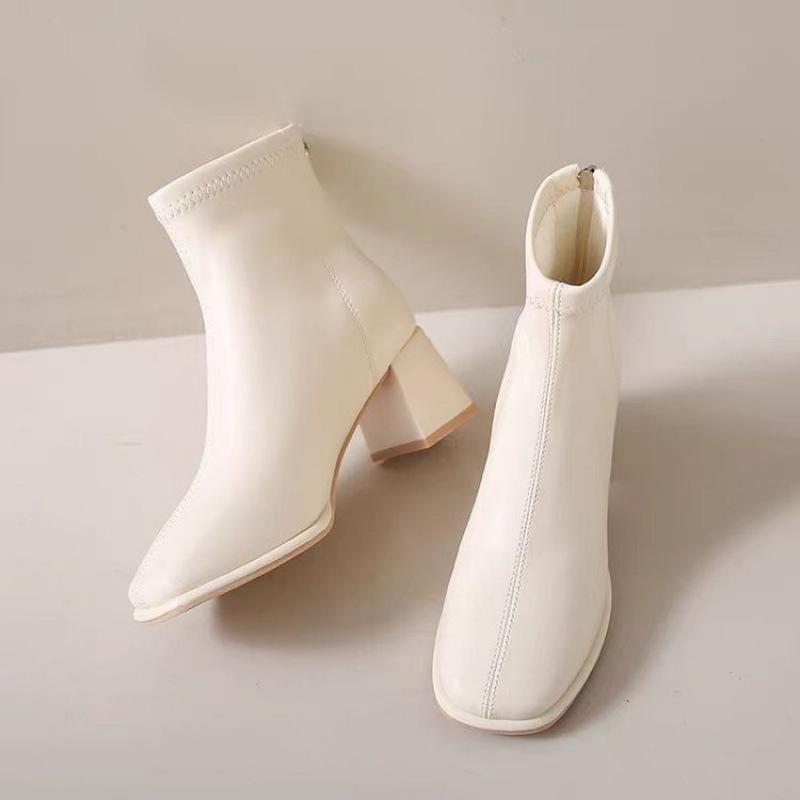 Chelsea Short Boots Women's 2025 New Winter French Short Boots White Thick Heel Thin Boots