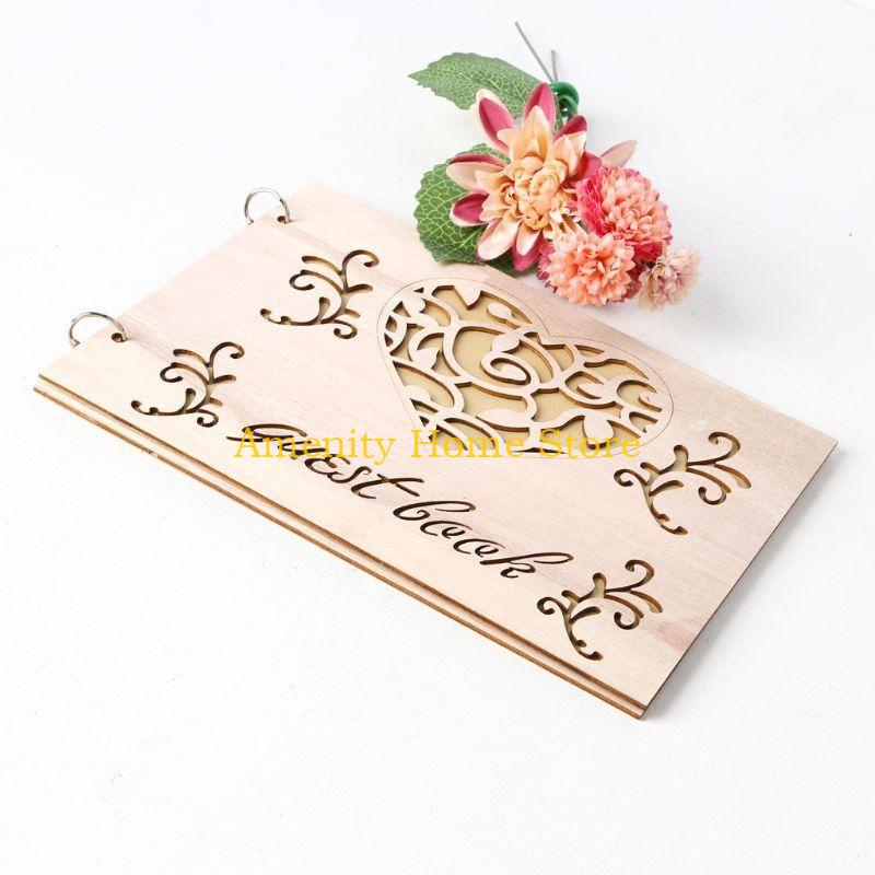 F26C Guest Book Heart Wooden Guestbooks Message Scrapbook Albu
