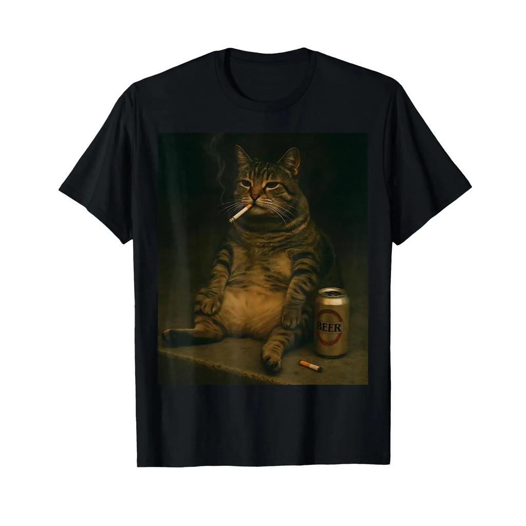 Cigarette Cat Funny Smoking Kitten Beer Meme Stupid Brainrot T Shirt Vintage Stylish Homme Casual Comfortable Soft