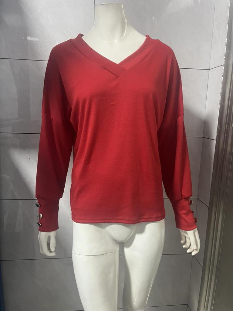2024 Spring & Autumn European & American Loose Solid Color V-neck Long Sleeve Women's T-shirt