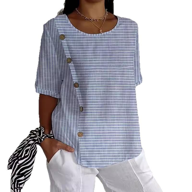

Полосатый пуговичный повседневный топ с коротким рукавом и темпераментом Женские блузки и рубашки L