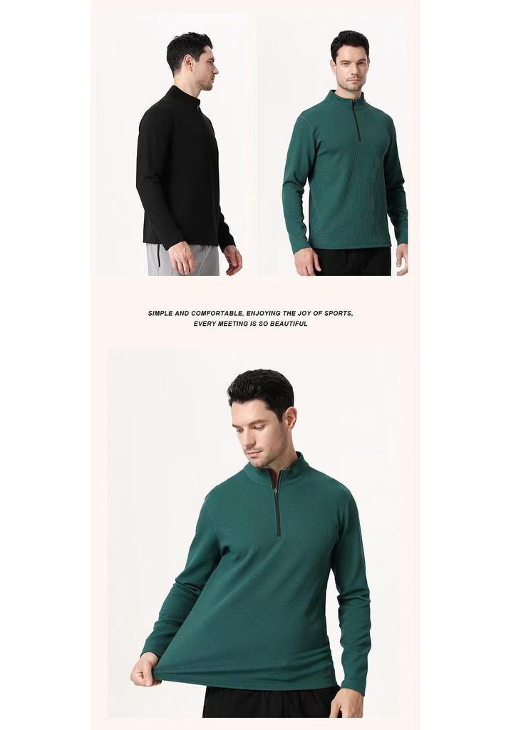 Men's Long Sleeve Half-Zip Sports Tee - Solid Color Stand Collar for Running and Fitness