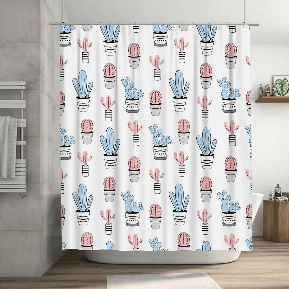 Cactus Shower Curtain Bathroom Decor Pink Blue White Floral Patterned Fabric Shower Curtains for Home Decoration (180x240cm)