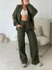 Dame Fritids Sportsklær Sett Zip-Up Hettegenser med Vide Ben Bukser i Armégrønn, Mørkegrønn, Grå, Brun, Beige