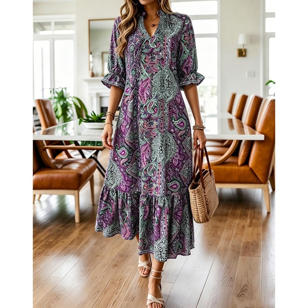 Summer Women's Floral Print V-neck Half Sleeve Dress, Casual Fashion Casual Dress for European American