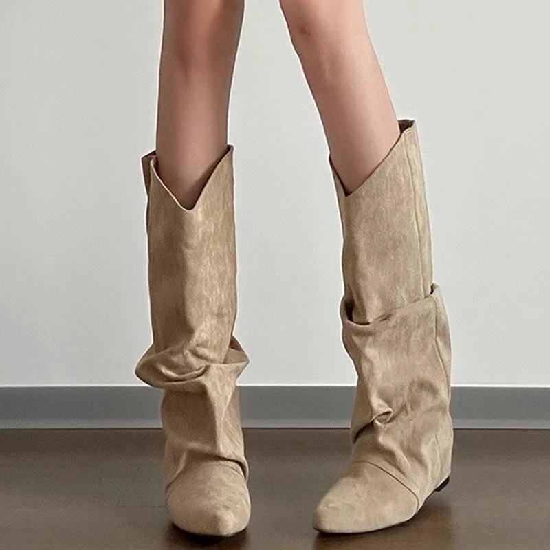 Autumn Winter Pleated Women Western Cowboy Boots Internal Elevation Knight Booties Zapatos De Mujer