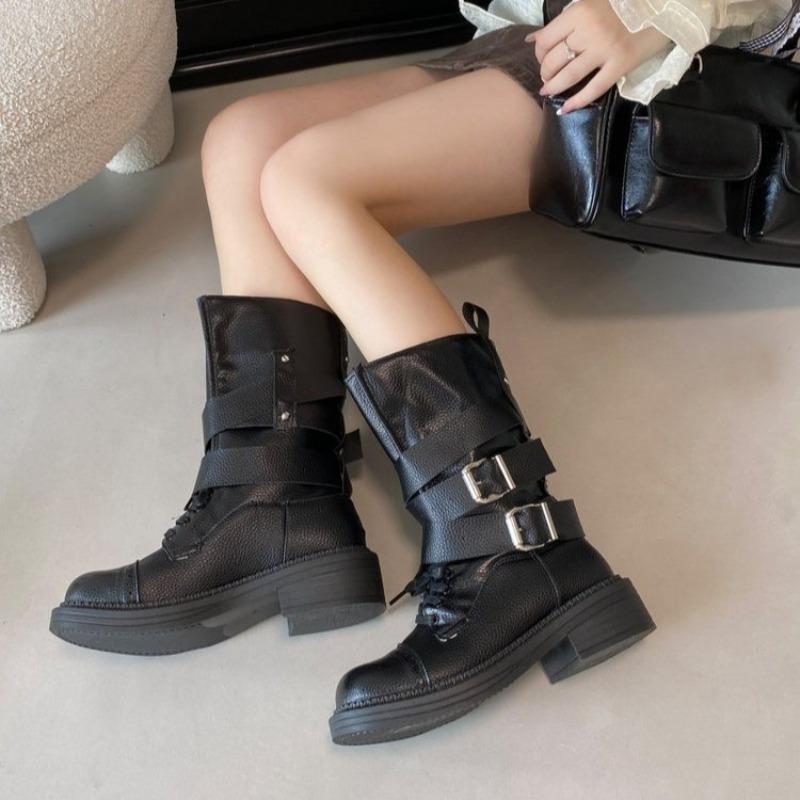

Autumn New Block Heel Single Boots Women s Fashion Round Toe Sleeve Metal Buckle Platform Non-slip Mid-leg Boots 40 чорний