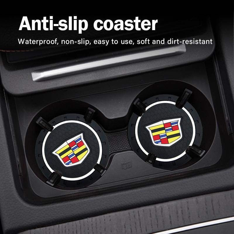 Car Stickers Coasters Silicone Water Cup Pads Non-Slip Mats Universal For Cadillac Escalade Tiburon Deville Seville XT5 XTS CTS BLS SLS DTS SRX Metal