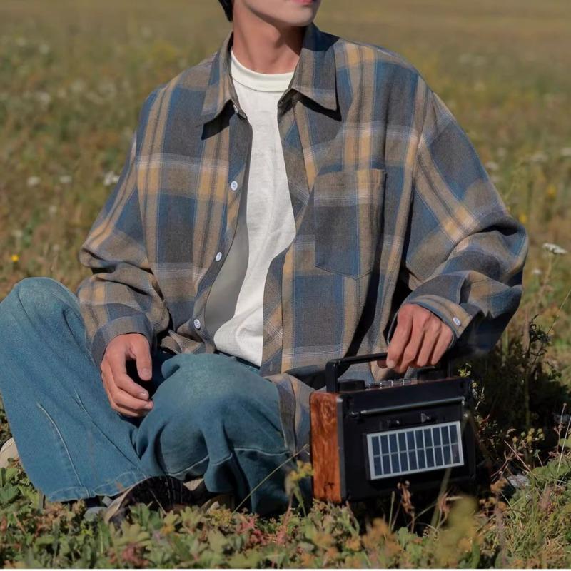 Spring and Autumn New Men's Retro Loose Plaid Long Sleeve Shirt