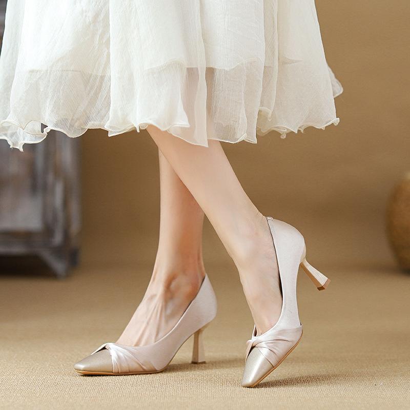 Matching high heels satin temperament thick heel light color women's shoes new single shoes spring and summer