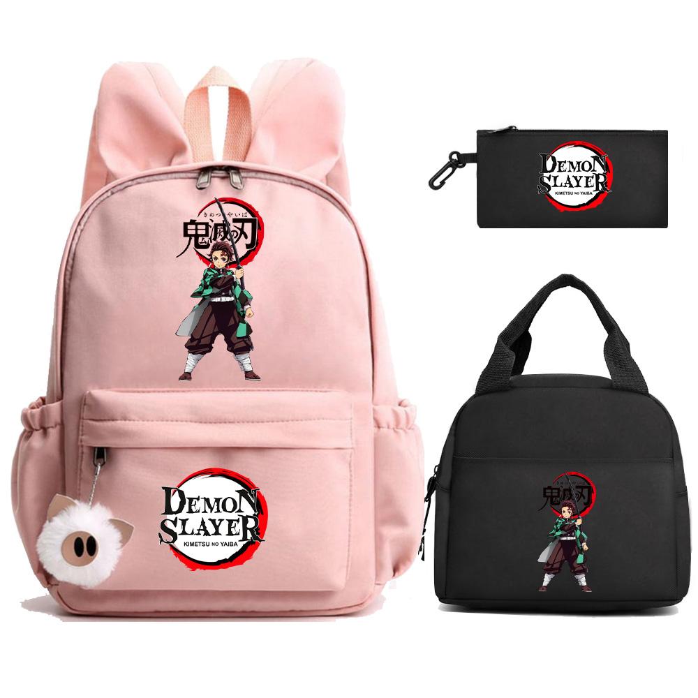 3Pcs/set Anime Demon Slayer Printed Backpack Lunch Bag Pencil Case for Student Schoolbag Girl Women Large Capacity Waterproof Travel Bag Gift