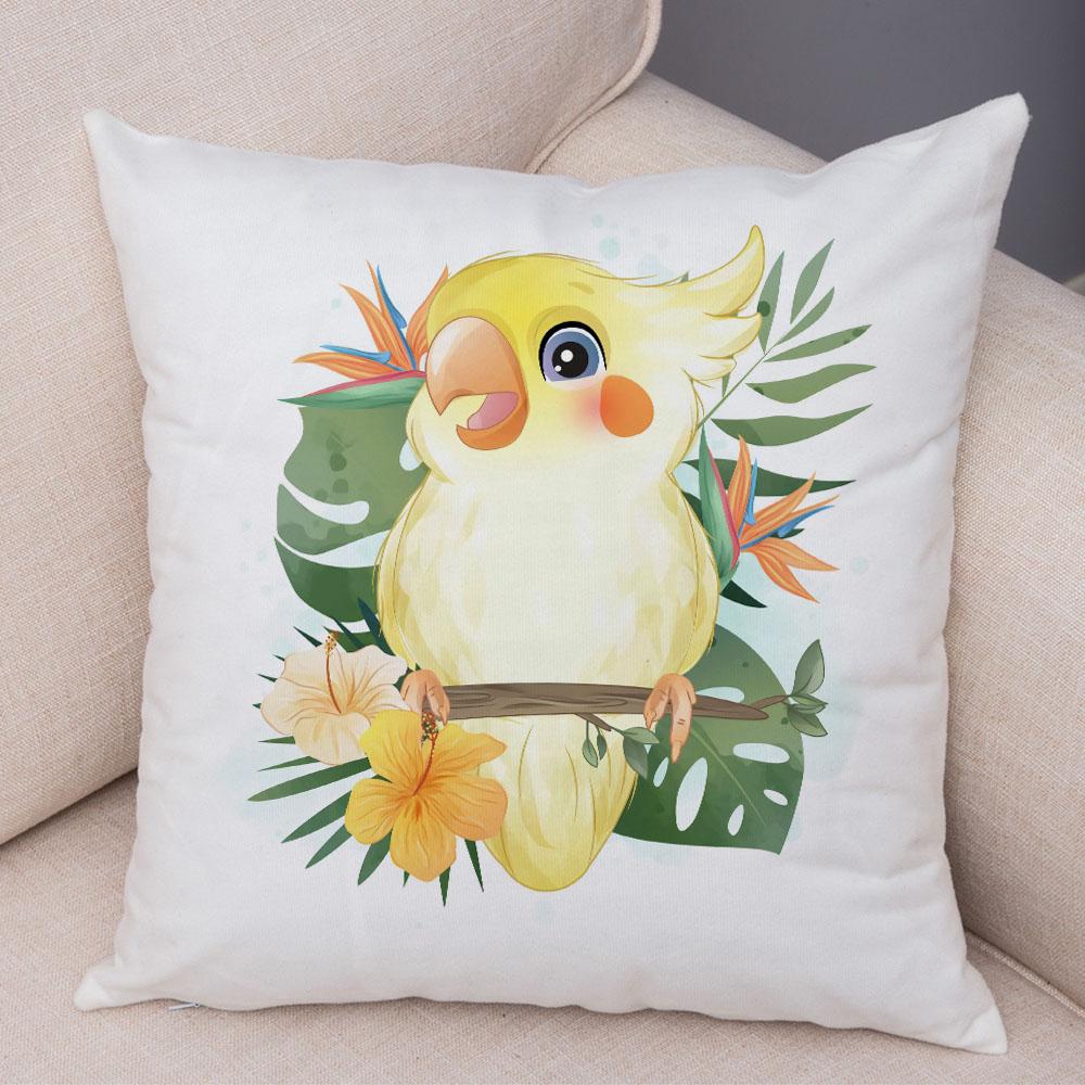 Cartoon Bird and Leaves Pillow Case Decor Cute Animal Lion Cushion Cover for Children Room Sofa Home Plush Pillowcase 45x45cm