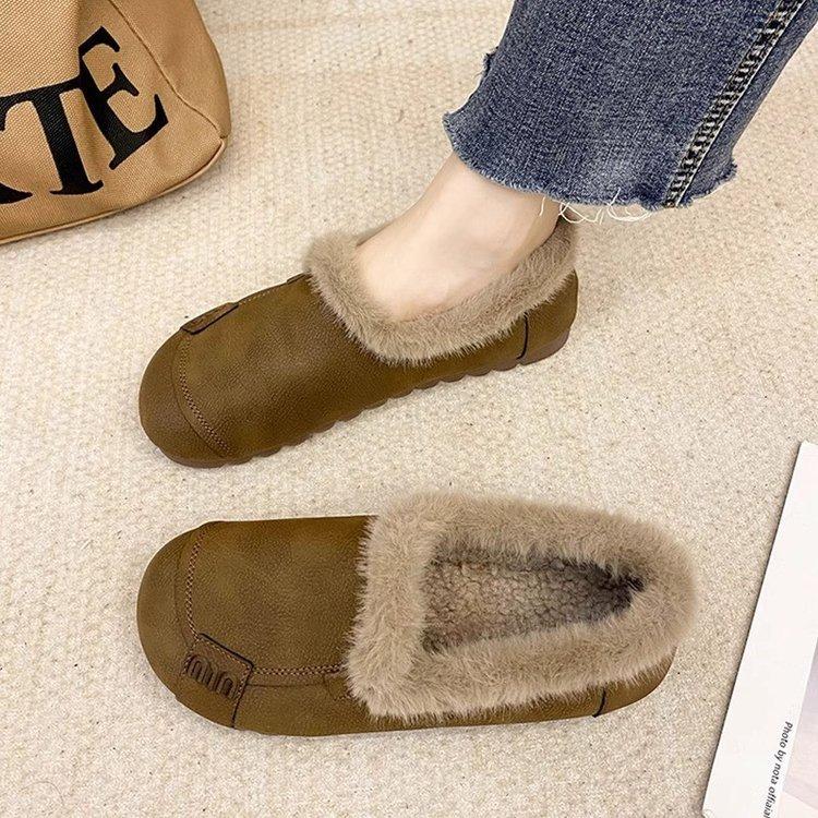 Winter beef tendon soft-soled women's retro fluffy shoes with plush and comfortable one-pedal lazy shoes