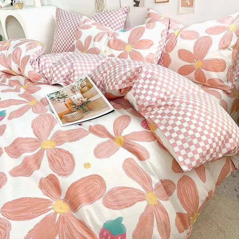 Kawaii Cherry Duvet Cover Set Pillowcase Flat Sheet Floral Boys Girls Twin Full Size Soft Bedding Kit Korean Ins Style Home Use
