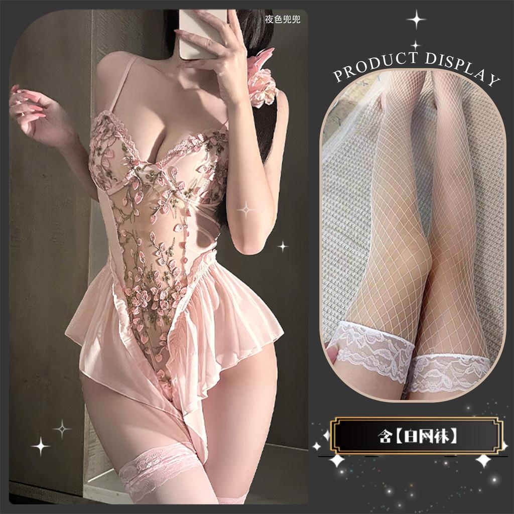 Sexy underwear suspender embroidered tight onesie pure desire tie slim gathering floral mesh strap set