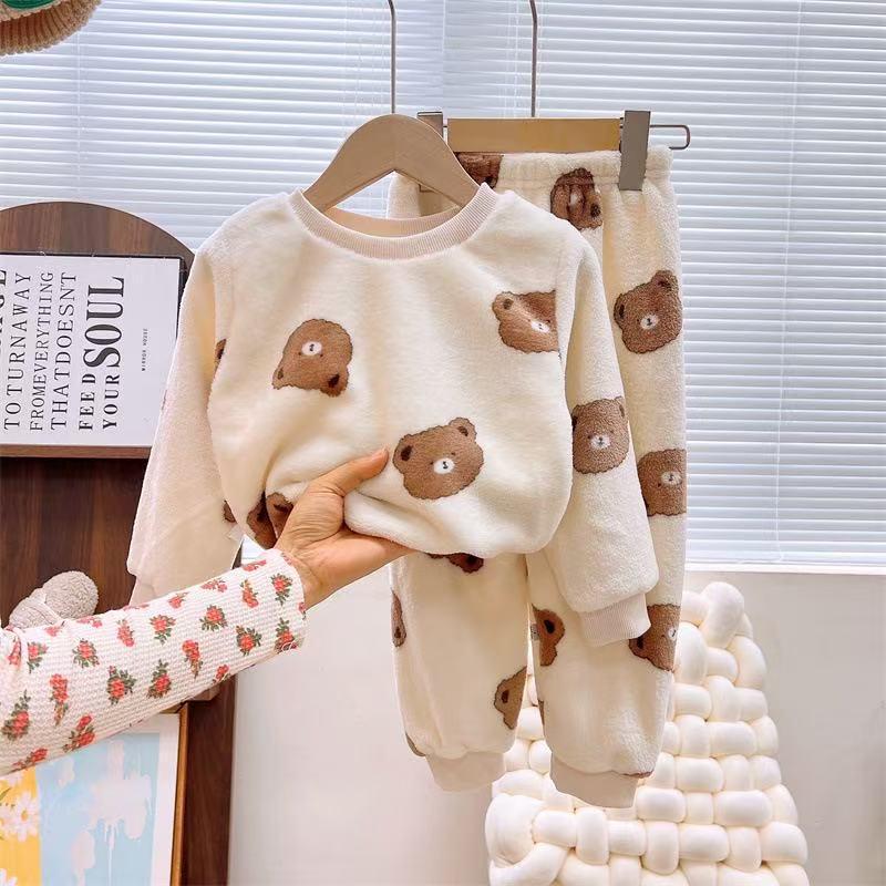 Children's Coral Fleece Flannel Pajamas - Cartoon Round Neck, Thickened Velvet Set for Boys, Girls, Babies