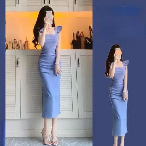 French Pure Desire Wind Feifei Sleeves Split Square Neck Dress Women's Summer Slim Skinny Hips Long Skirt Small Man