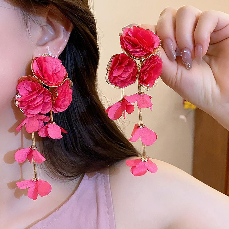 Sommer Chiffon Blumen Quasten Ohrringe für Frauen Urlaubsstil Übertrieben Süße Hängeohrringe Schmuck Accessoires Geschenke