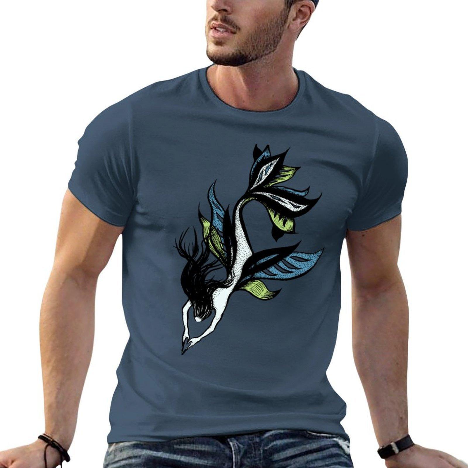 Beautiful Mermaid Ink Drawing In Blue And Green Tshirt Work Duty Casual Tshirt S