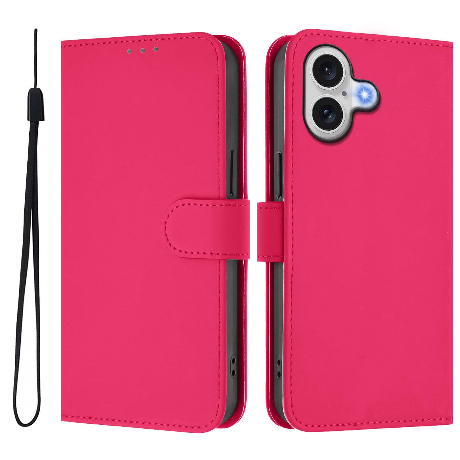 

For iPhone 17 Case Solid Color Wallet Leather Phone Cover with Strap Rose Red